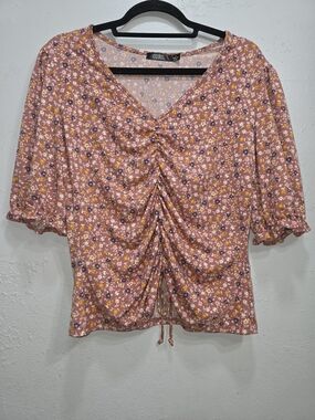 Cure. Floral Ruched Pink Puff-Sleeve Women’s Top